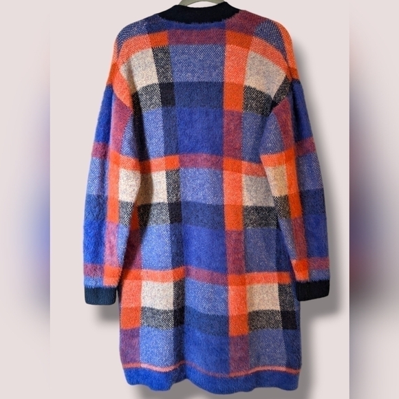 Ann Taylor Blue Orange Plaid Longline Button-Up Oversized Boyfriend Cardigan - Picture 3 of 13